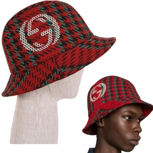 GUCCI TWEED WOOL HOUNDSTOOTH LOGO GG BUCKET FEDORA HAT - Picture 3 of 12